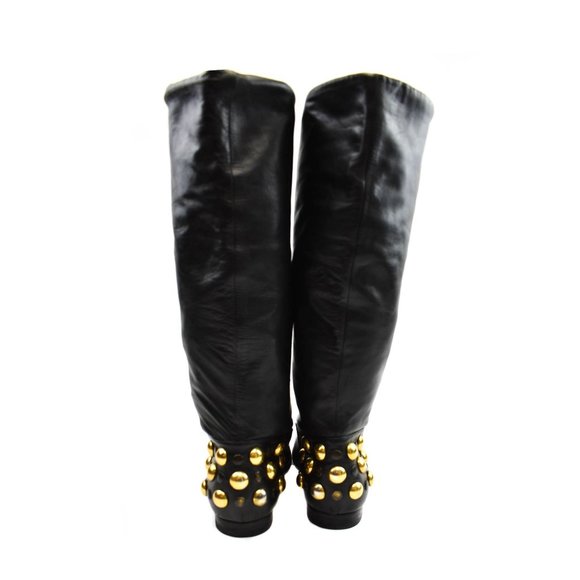 GUCCI: Black Leather & Gold Studded, Moto Boots - Picture 5 of 10